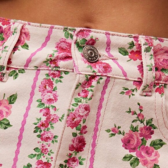 Country Western Multicolor Boho Women's ditsy Floral Stripe Micro Denim Skirt - Picture 3 of 5